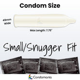 Image showing a diagram of a condom labeled "Condom Size." The condom is 49mm wide and has a maximum length of 7.75 inches. Below the diagram, it says "Small/Snugger Fit." Three black Caution Wear IRON GRIP Snugger Fit Condoms are shown at the bottom. Brand name "Caution Wear" is at the bottom.